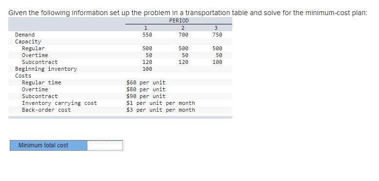 Given the following information set up the