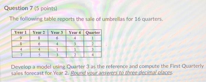Question 7 (5 points) The following table reports