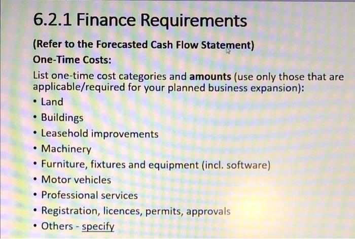 6.2.1 Finance Requirements (Refer to the