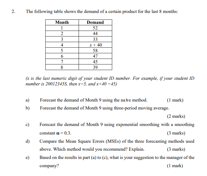 x = 6 2. The following table shows the demand of