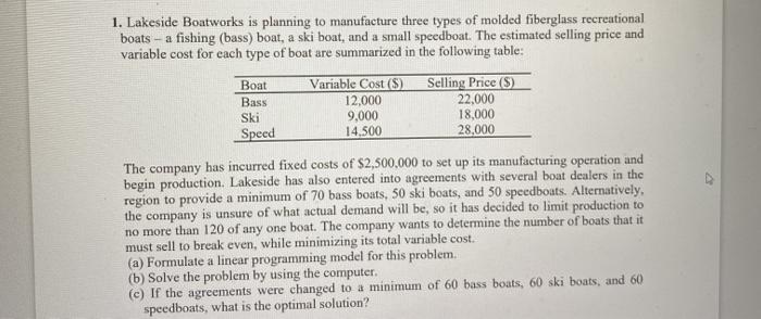 1. Lakeside Boatworks is planning to manufacture