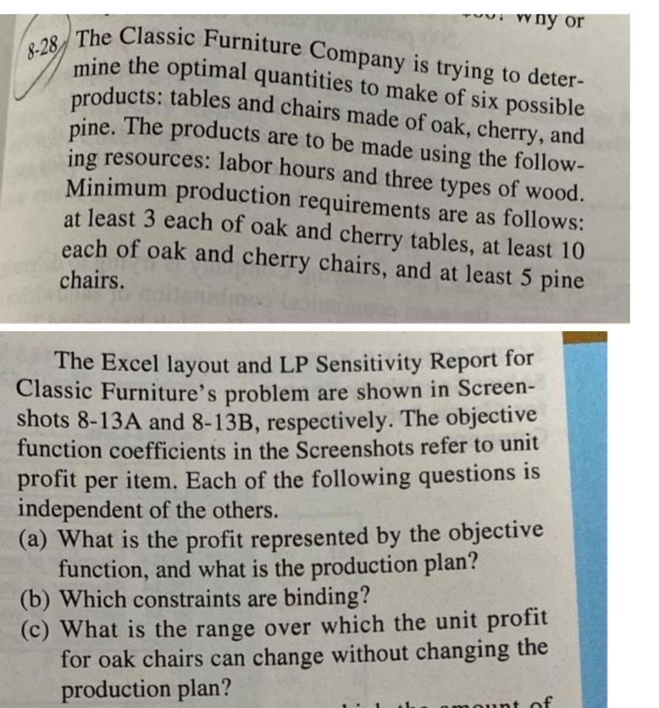 8.28 The Classic Furniture Company is trying to
