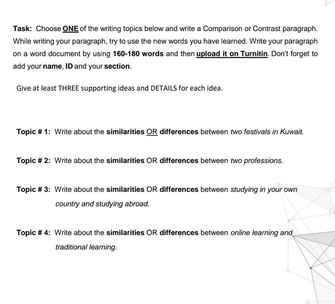 subject English writing Task: Choose ONE of the