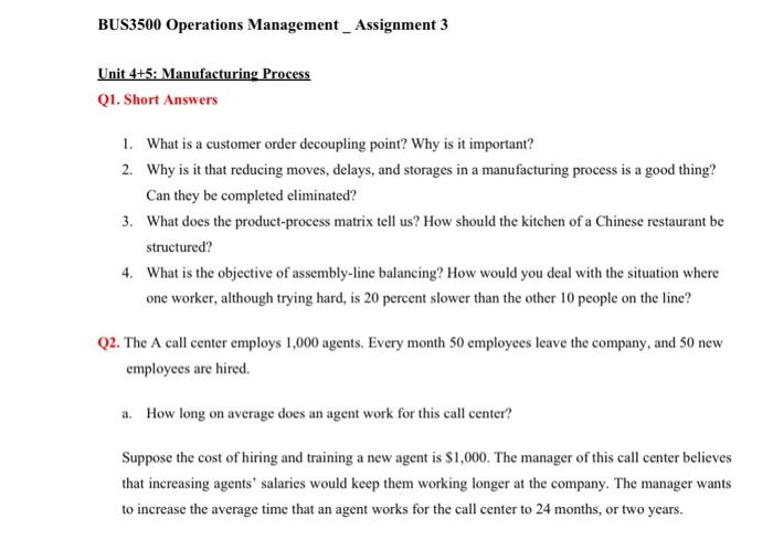 BUS3500 Operations Management Assignment 3 Unit