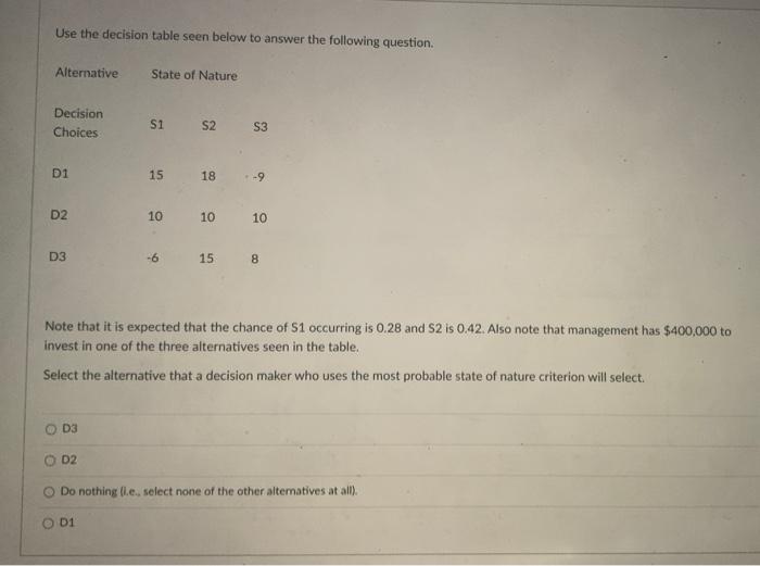 Use the decision table seen below to answer the