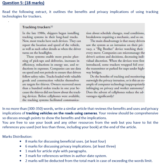 Question 5: (18 marks) Read the following