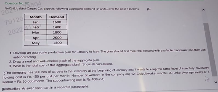 Question No: 07 . NoChildLabourCarpet Co. expects