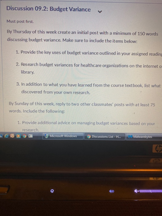 Discussion 09.2: Budget Variance Must post first.