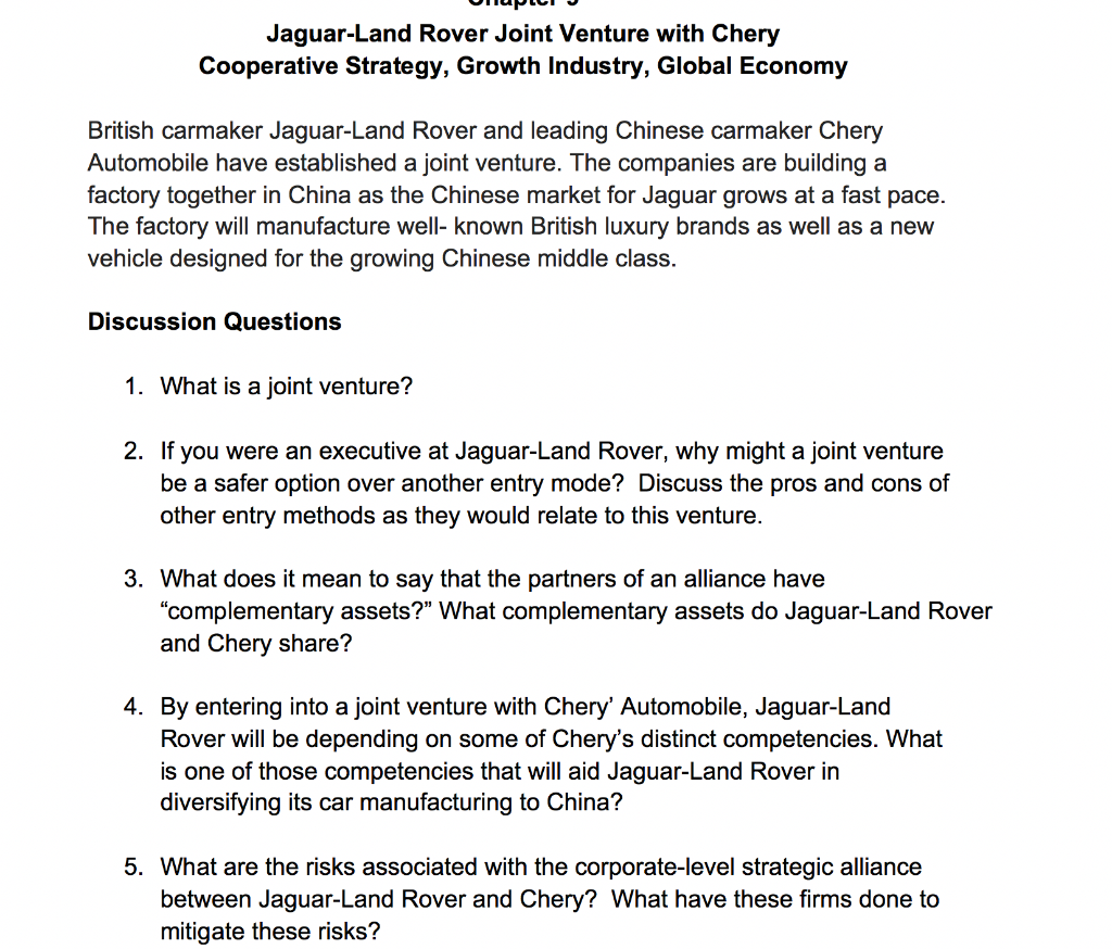 HULI Jaguar-Land Rover Joint Venture with Chery