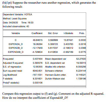 Help with comparing the regressor in part (f)/(g)