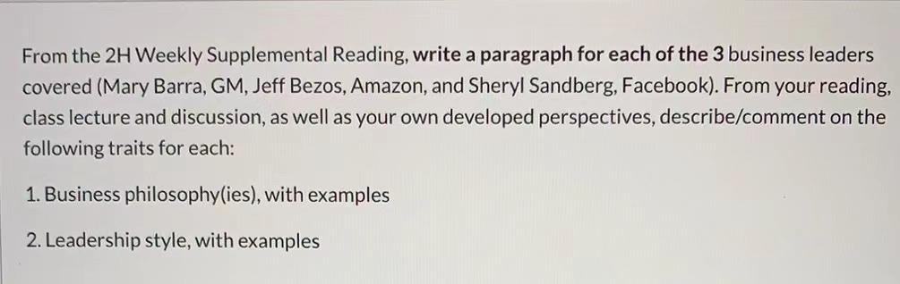 From the 2H Weekly Supplemental Reading, write a