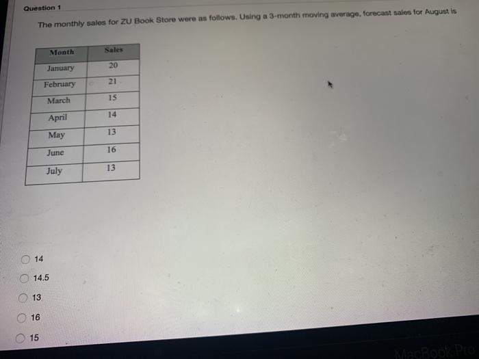 Question 1 The monthly sales for ZU Book Store