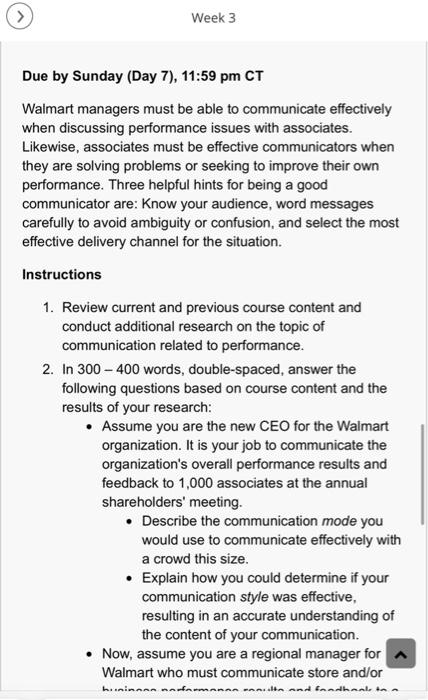 Due by Sunday (Day 7), 11:59 pm CT Walmart