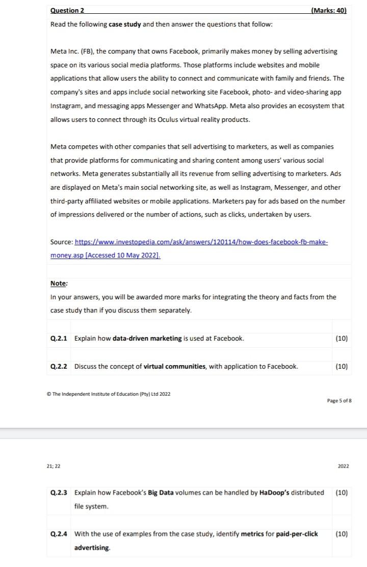 Question 2 (Marks: 40) Read the following case