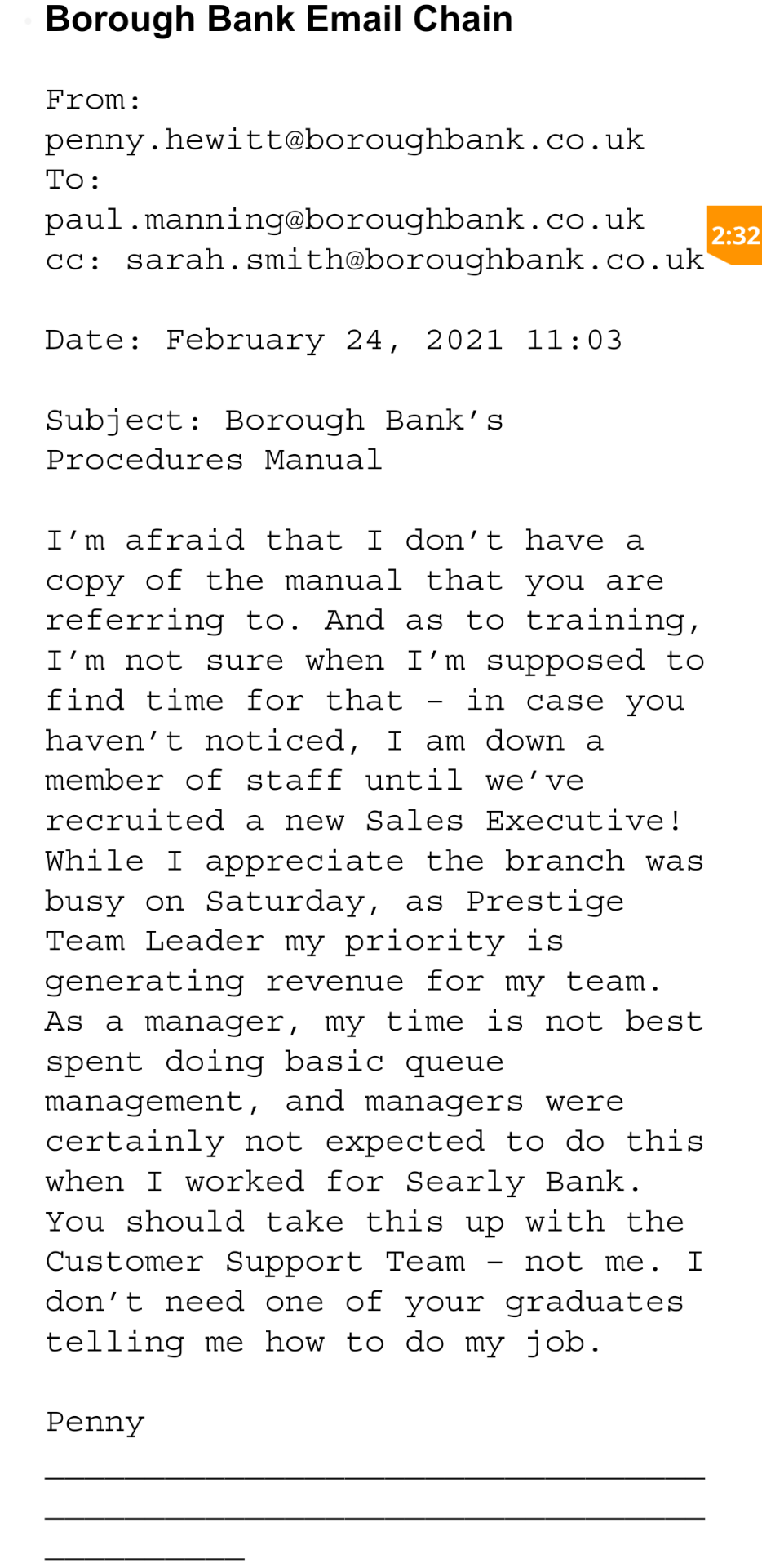 Review the situation reflected in the email chain