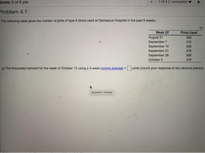 Score: 0 of 6 pts 1 of 4 (1 complete) Problem 4.1