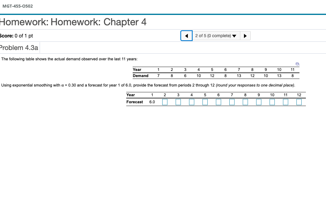 MGT-455-0502 Homework: Homework: Chapter 4 Score: