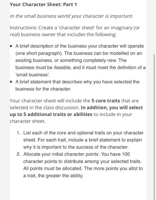 Your Character Sheet: Part 1 In the small
