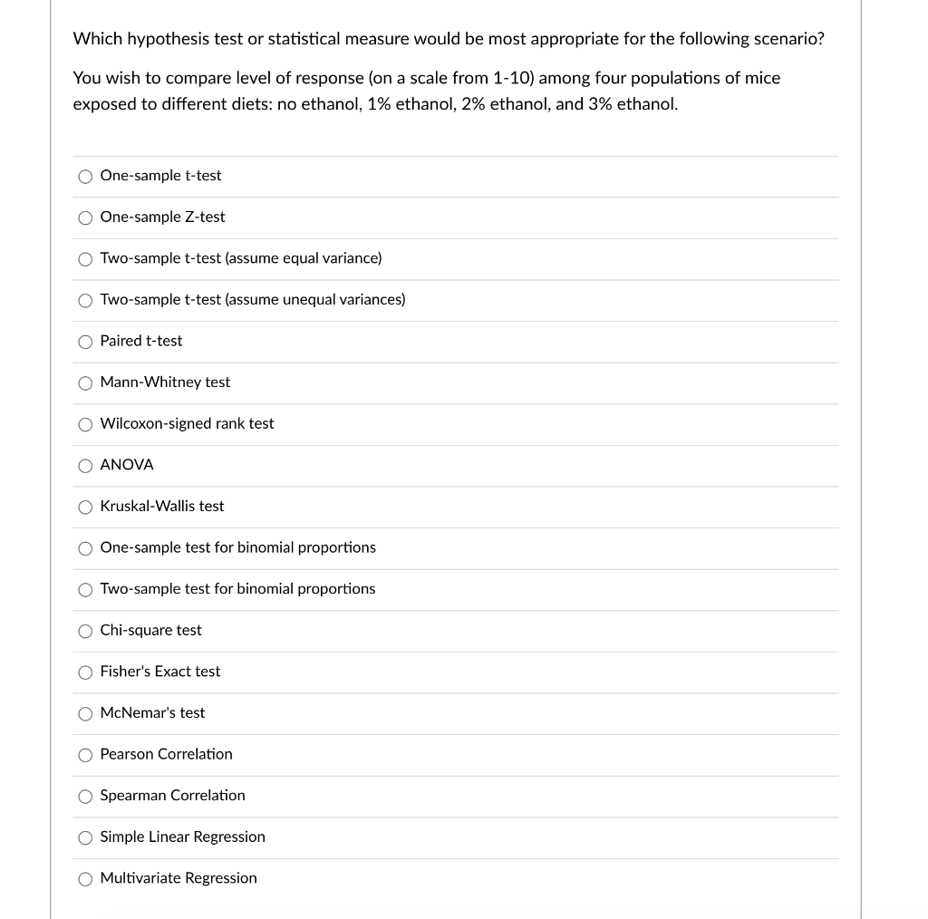 Which hypothesis test or statistical measure