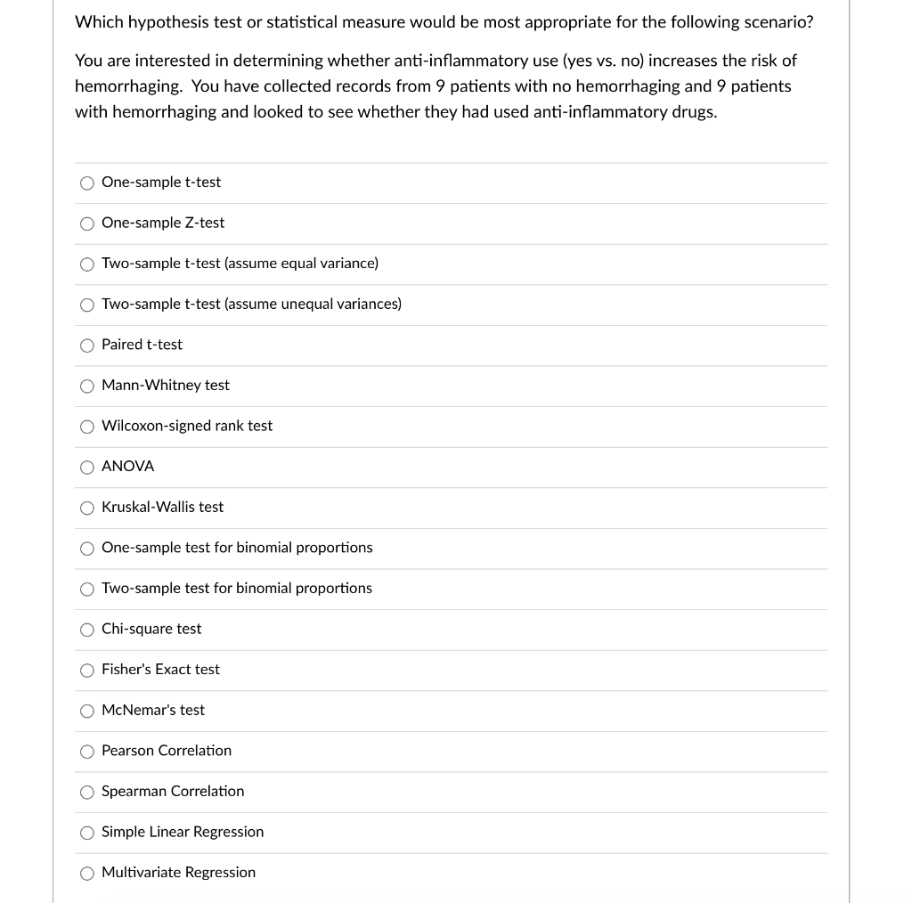 Which hypothesis test or statistical measure