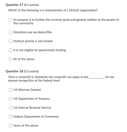 Question 17 (0.5 points) Which of the following