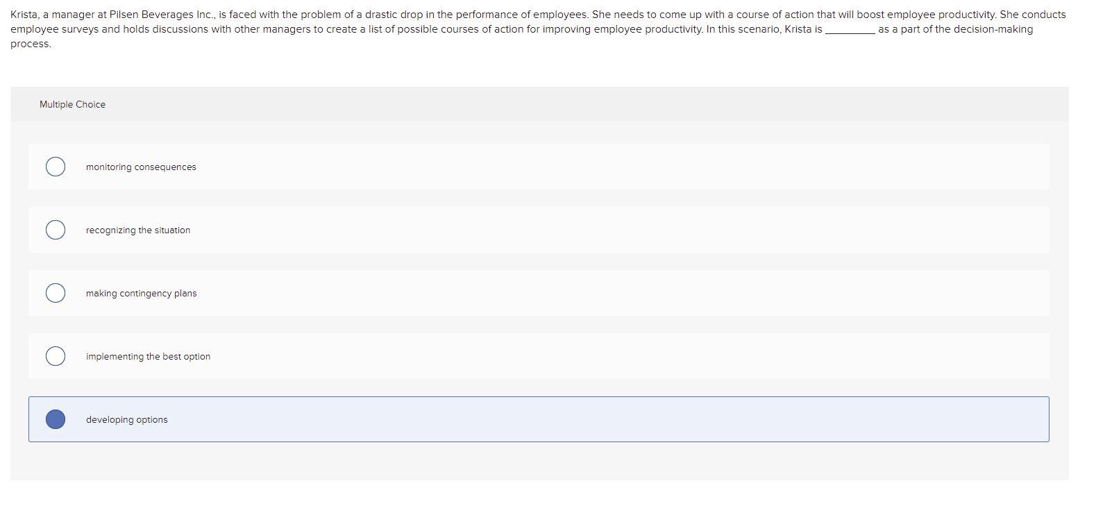 Krista, a manager at Pilsen Beverages Inc., is