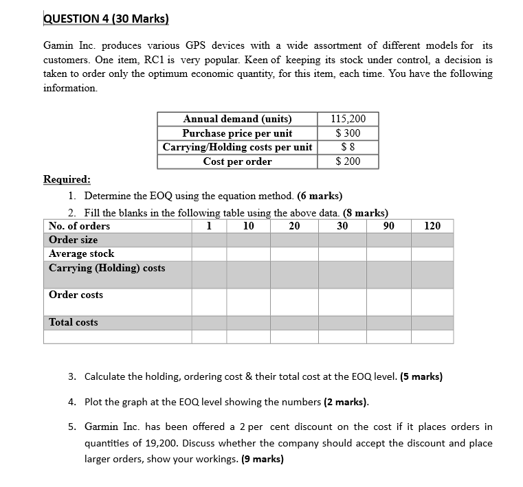 QUESTION 4 (30 Marks) Gamin Inc. produces various