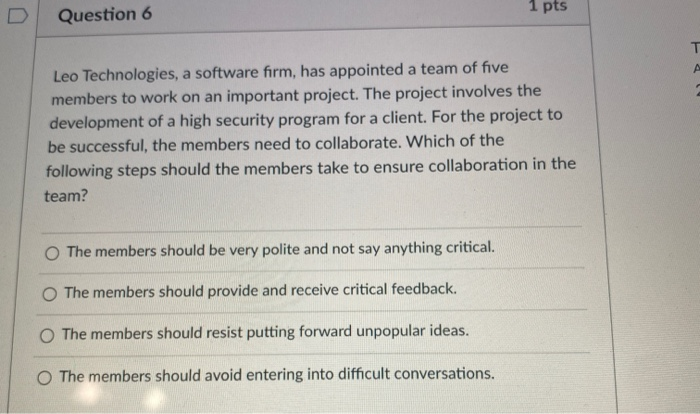 1 pts Question 6 T A Leo Technologies, a software