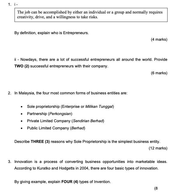 ENTREPRENEURSHIP Question 1. I- The job can be