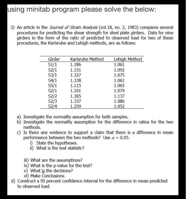 Please help to solve using Minitab using minitab
