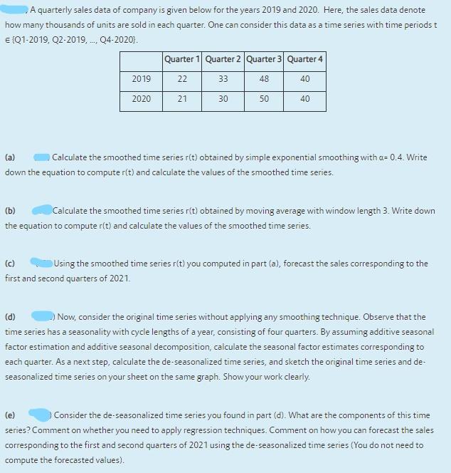 A quarterly sales data of company is given below
