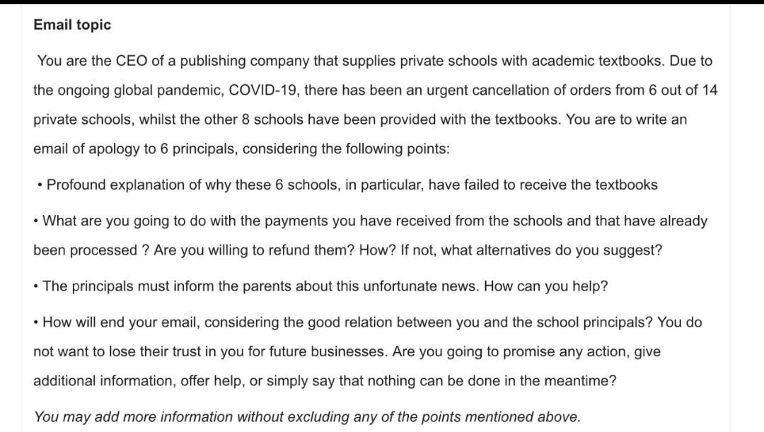 Email topic You are the CEO of a publishing