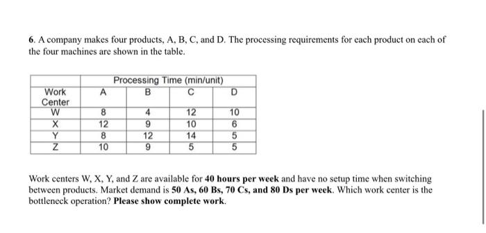 6. A company makes four products, A, B, C, and D.