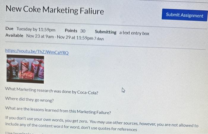 New Coke Marketing Faliure Due Tuesday by 11:59