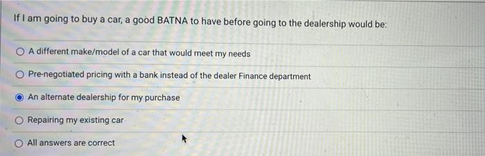 If I am going to buy a car, a good BATNA to have