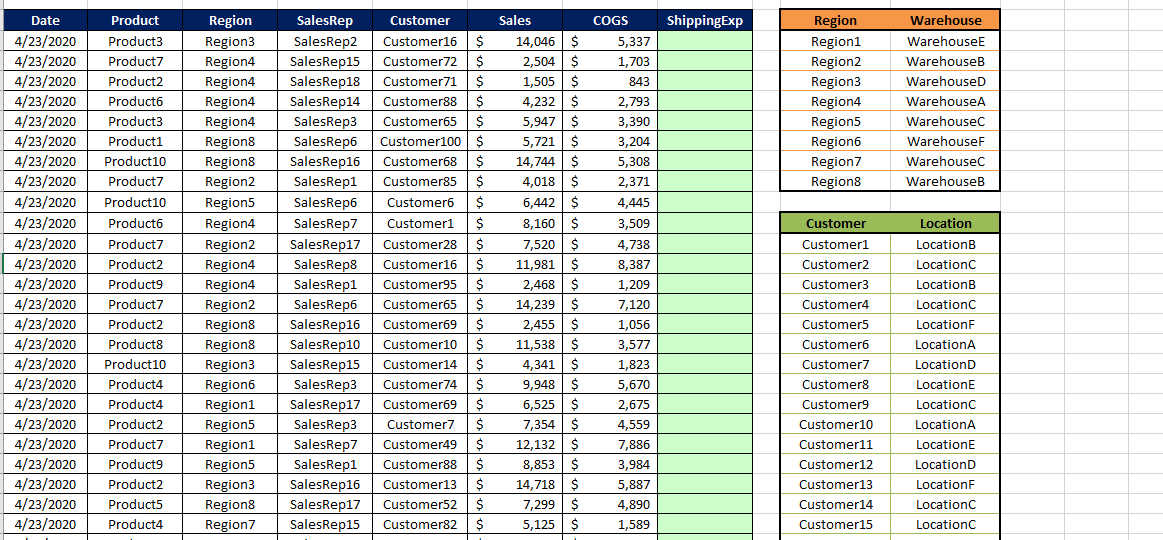 EXCEL: In the green cells calculate Shipping
