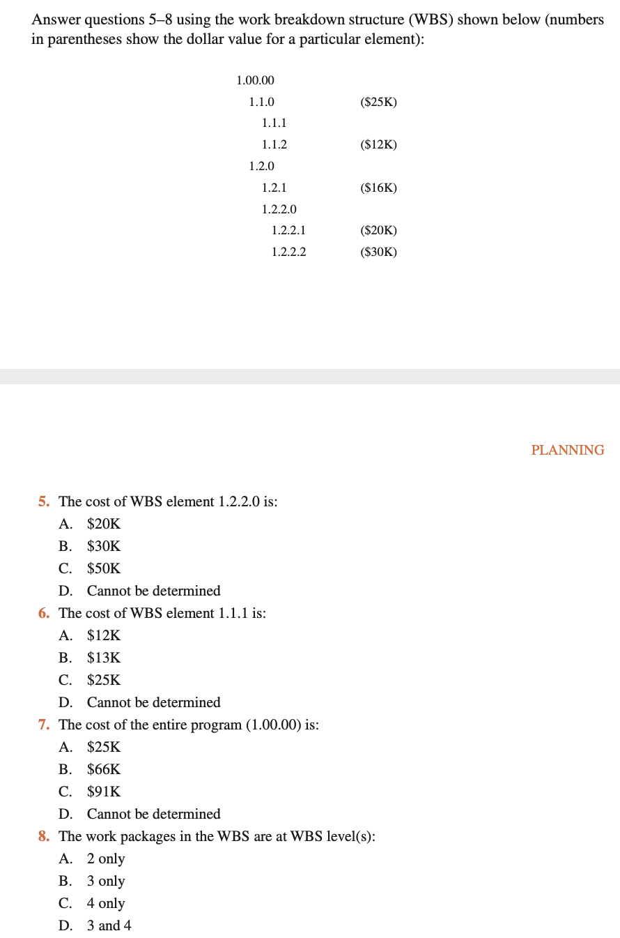 Answer questions 58 using the work breakdown