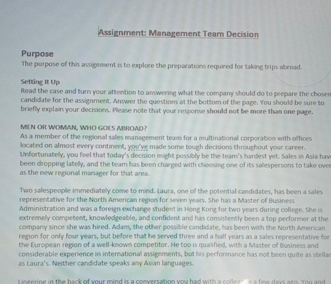 Assignment: Management Team Decision Purpose The