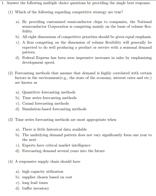 1. Answer the following multiple choice questions