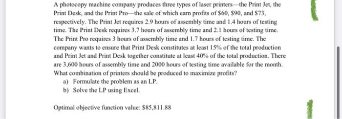 A photocopy machine company produces three types