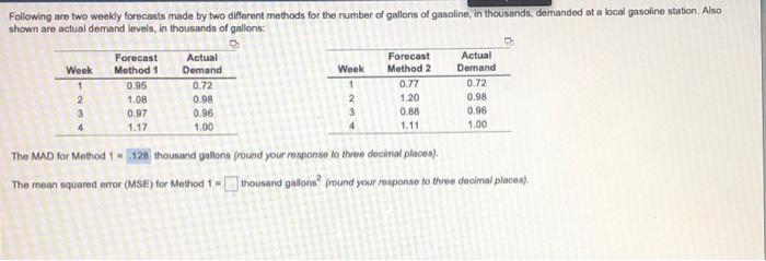 part 2. a Following are two weekly forecasts made
