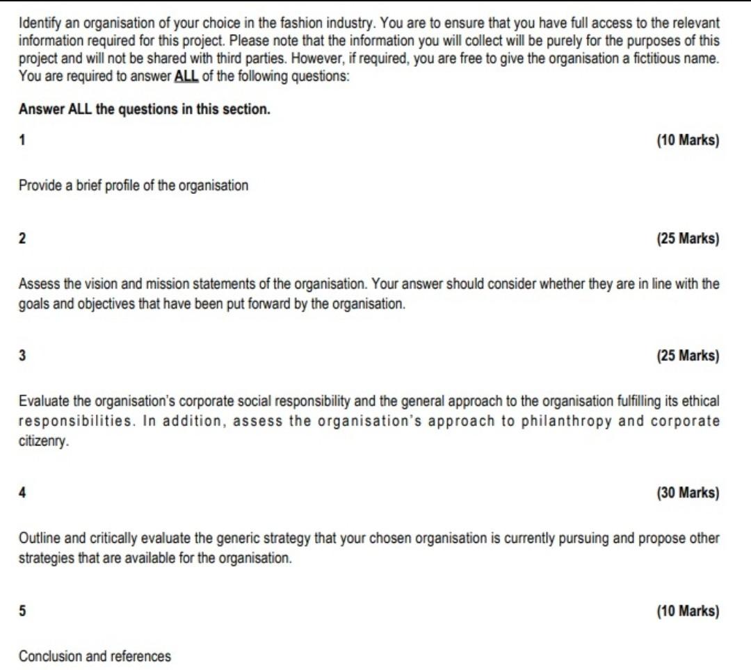 Identify an organisation of your choice in the