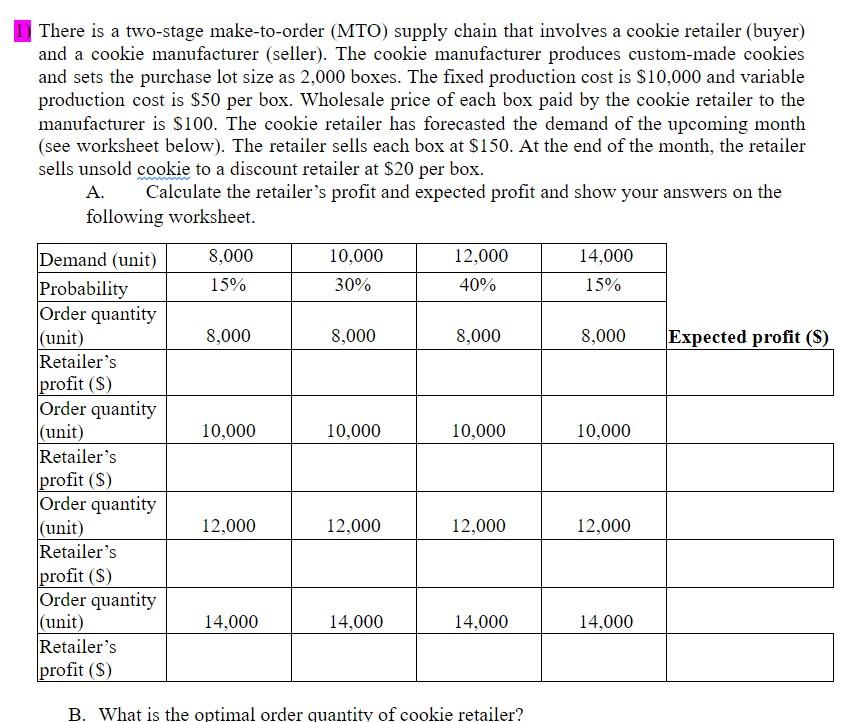 There is a two-stage make-to-order (MTO) supply