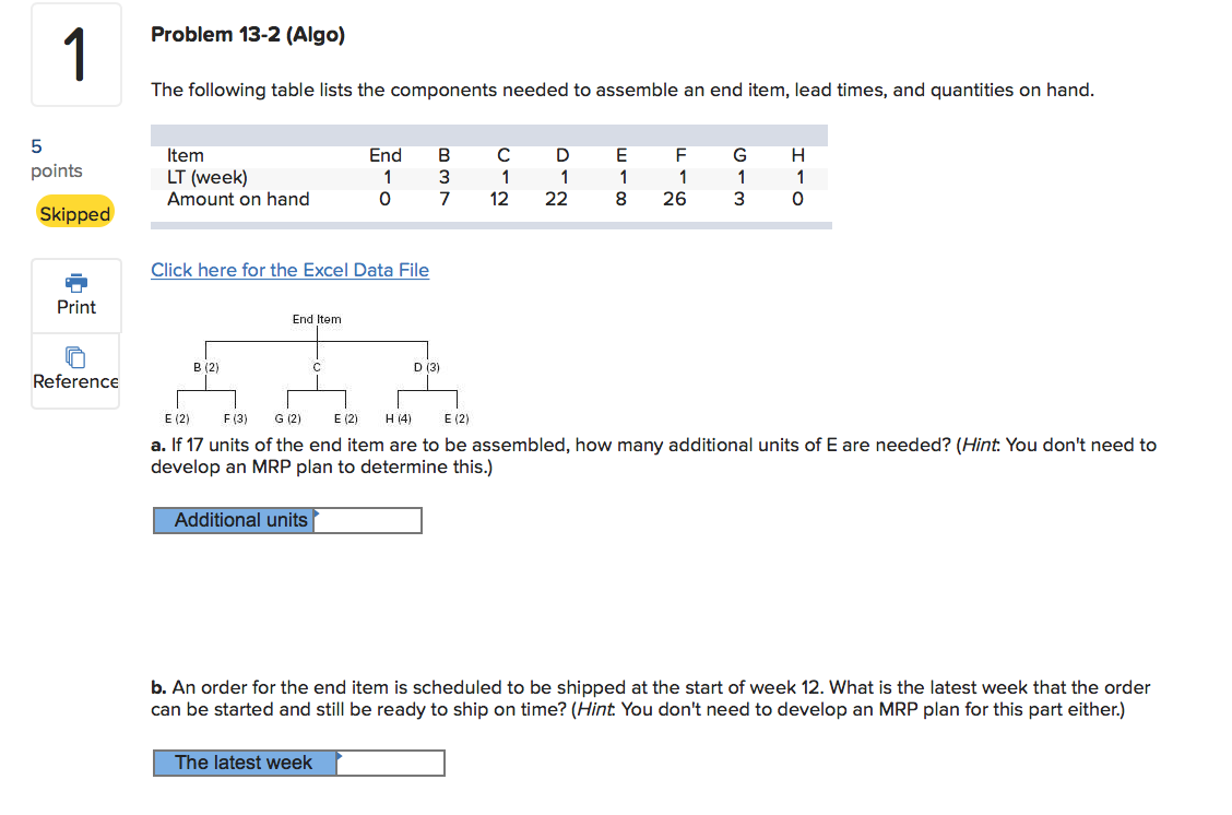 Problem 13-2 (Algo) The following table lists the