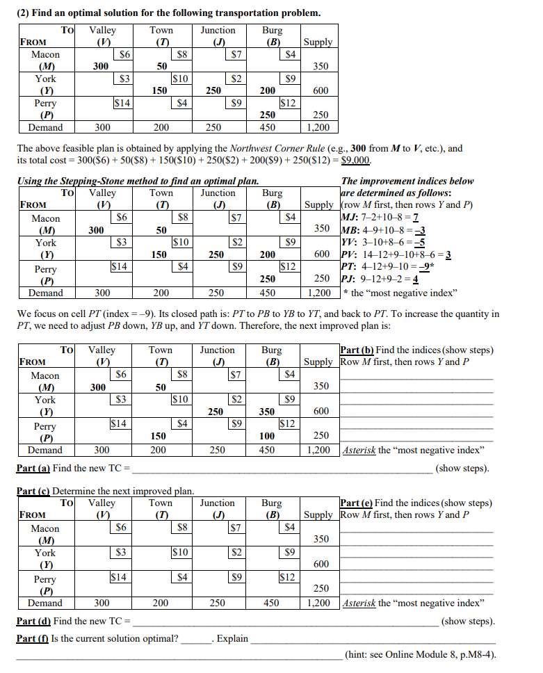 (2) Find an optimal solution for the following