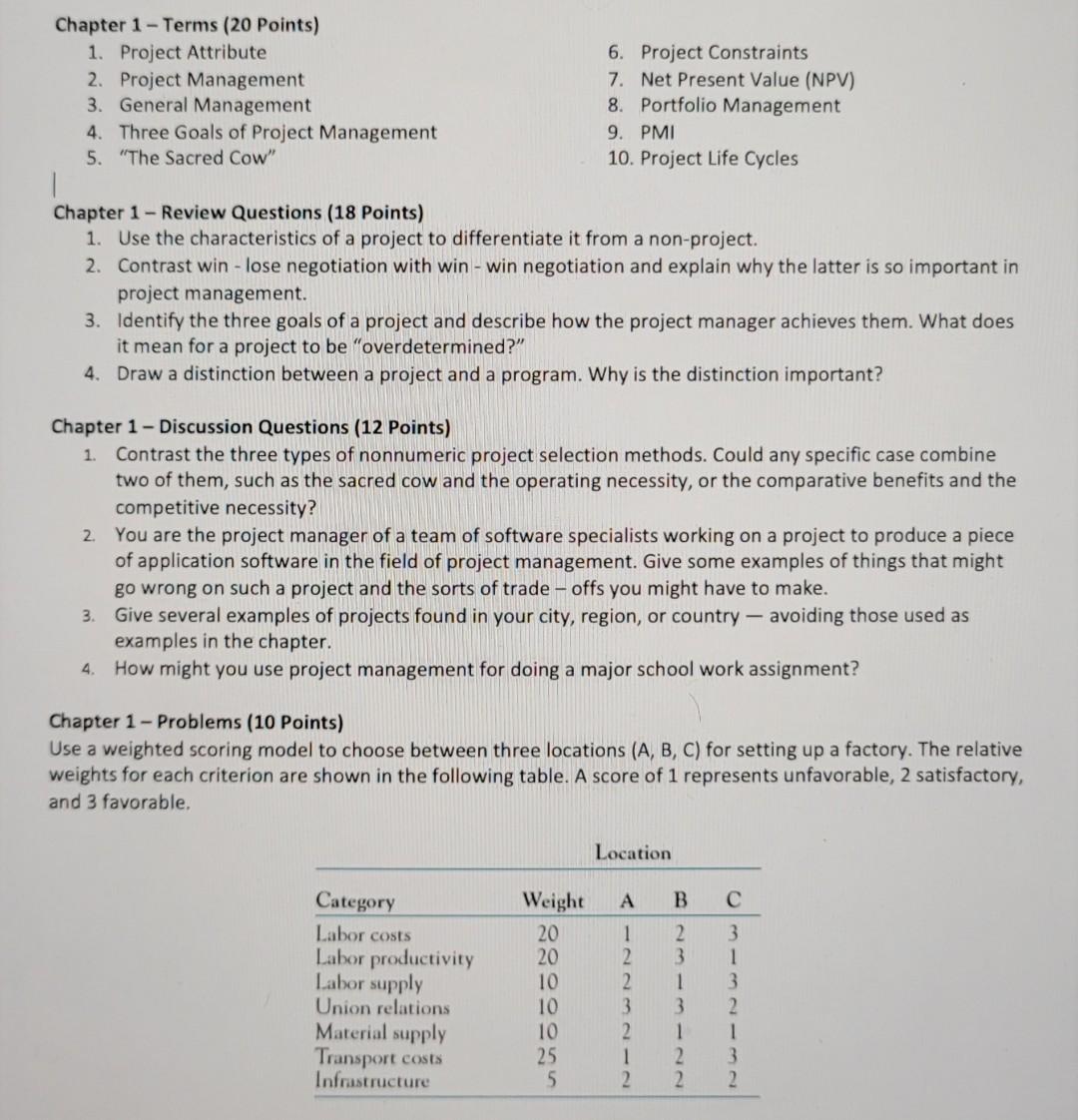 Chapter 1 - Terms (20 Points) 1. Project