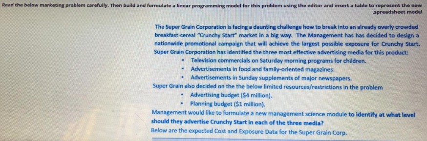 Read the below marketing problem carefully. Then