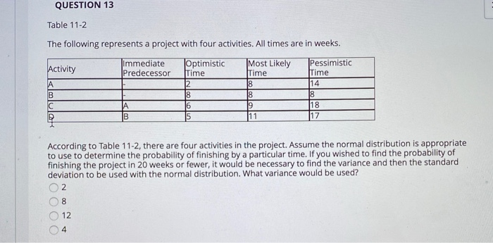 QUESTION 13 Table 11-2 The following represents a