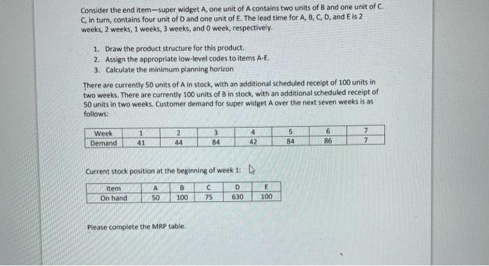 Consider the end item-super widget A, one unit of