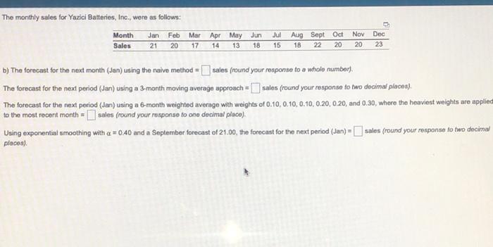 The monthly sales for Yazici Batteries, Inc.,